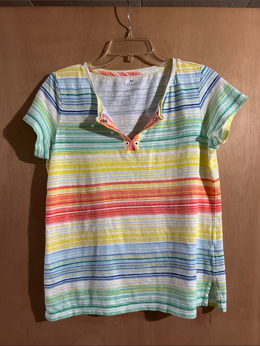 Talbots Striped Short Sleeve Henley Tee in Yellow, Red, Blue & Green
